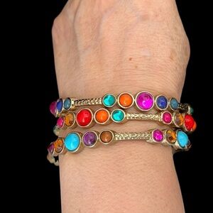 Set of 3 bangle Bracelets gold tones & multi color stones